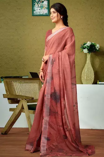 Brown floral zari  linen ready to wear saree