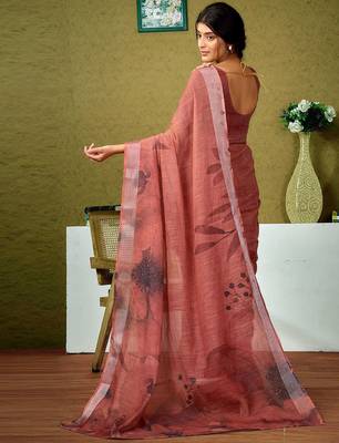 Brown floral zari  linen ready to wear saree 3