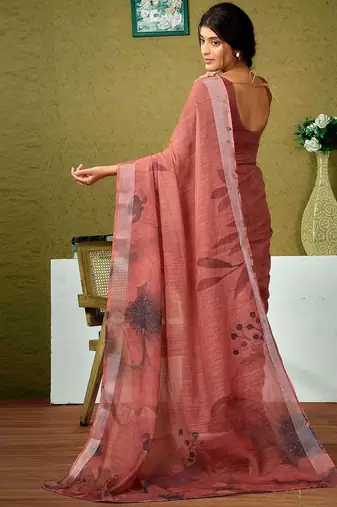 Brown floral zari  linen ready to wear saree