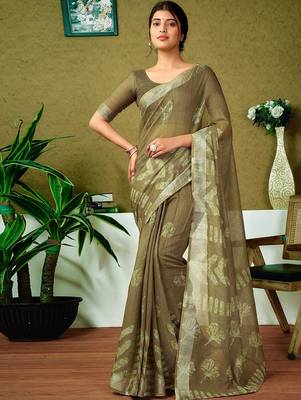 Green floral zari  linen ready to wear saree 1