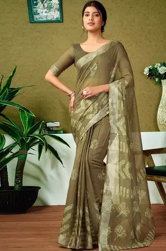 Green floral zari  linen ready to wear saree