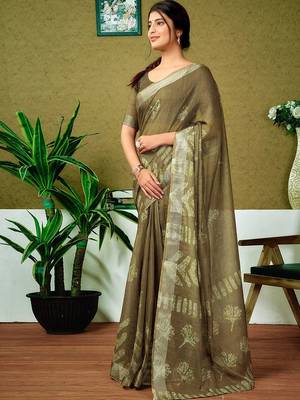 Green floral zari  linen ready to wear saree 2
