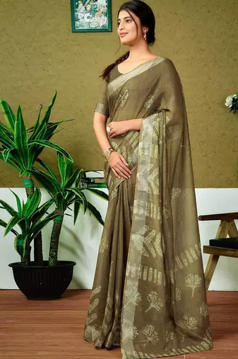 Green floral zari  linen ready to wear saree