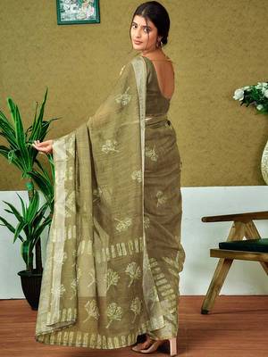 Green floral zari  linen ready to wear saree 3