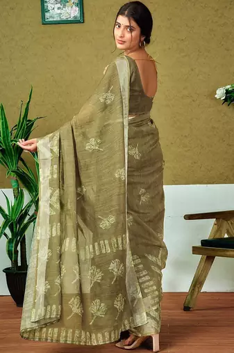 Green floral zari  linen ready to wear saree
