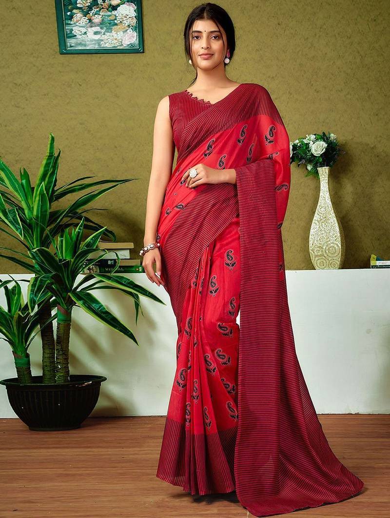 Red ethnic motifs ready to wear saree