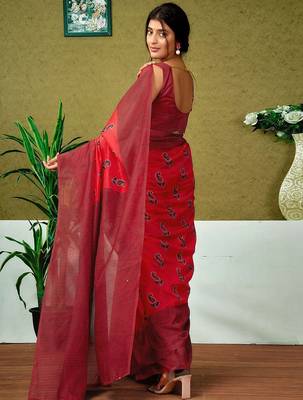 Red ethnic motifs ready to wear saree 2