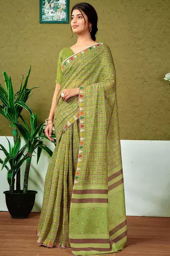 Olive checked ready to wear saree