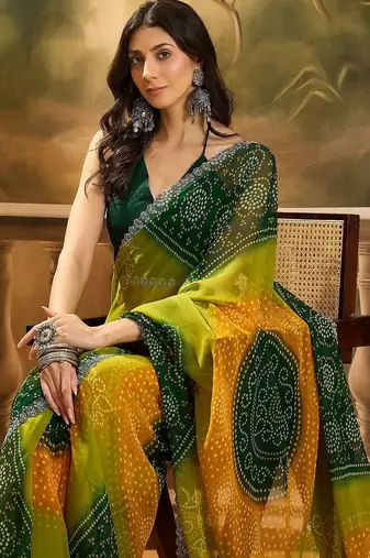 Green bandhani printed embellished beads and stones border saree