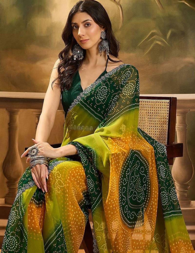 Green bandhani printed embellished beads and stones border saree