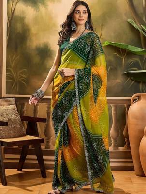 Green bandhani printed embellished beads and stones border saree 2