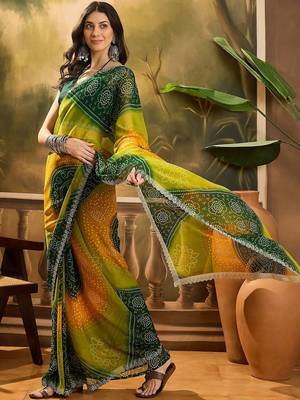 Green bandhani printed embellished beads and stones border saree 3