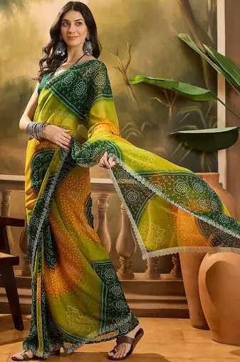 Green bandhani printed embellished beads and stones border saree