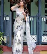White floral printed zari  linen saree with blouse piece