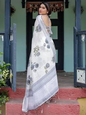 White floral printed zari  linen saree with blouse piece 2