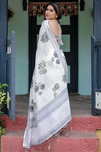 White floral printed zari  linen saree with blouse piece