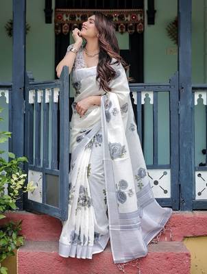 White floral printed zari  linen saree with blouse piece 3