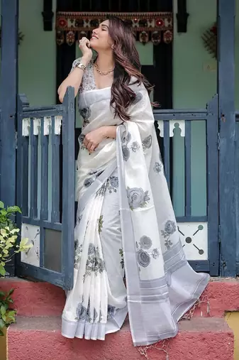 White floral printed zari  linen saree with blouse piece