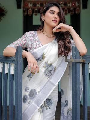 White floral printed zari  linen saree with blouse piece 5