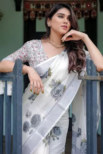 White floral printed zari  linen saree with blouse piece
