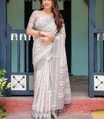 White floral print zari  linen saree