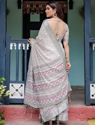 White floral print zari  linen saree 2