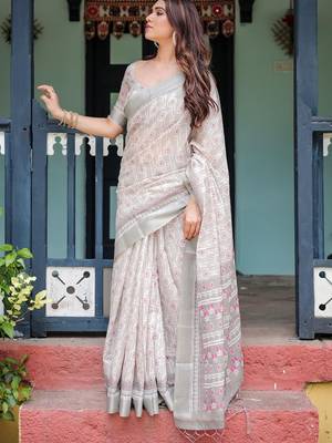 White floral print zari  linen saree 3