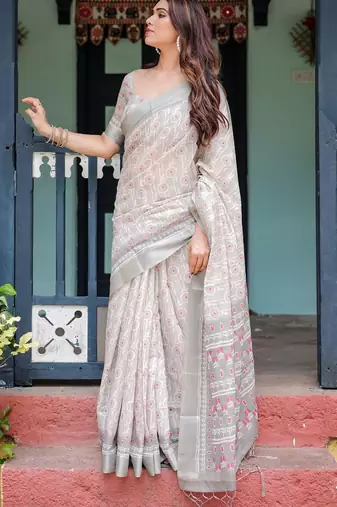White floral print zari  linen saree
