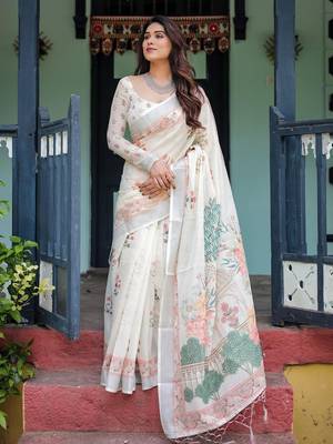 White printed floral  linen sarees 1