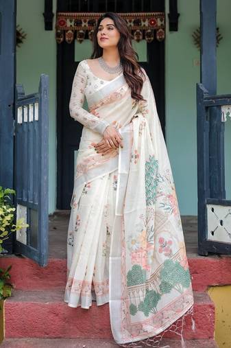 White printed floral  linen sarees
