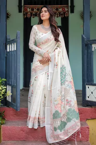 White printed floral  linen sarees