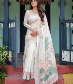 White printed floral  linen sarees