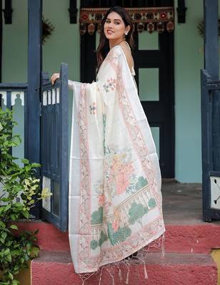 White printed floral  linen sarees 2