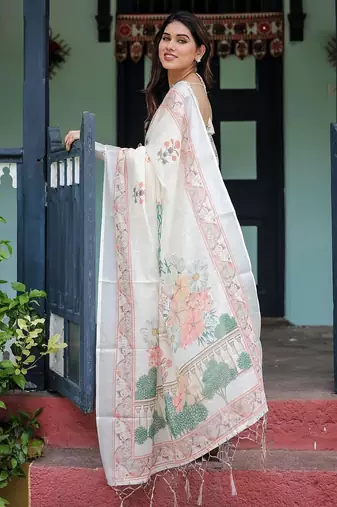 White printed floral  linen sarees