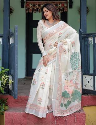 White printed floral  linen sarees 3