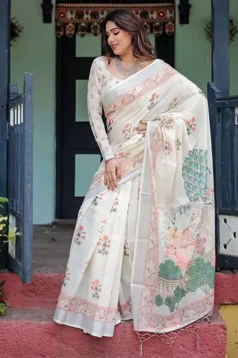 White printed floral  linen sarees