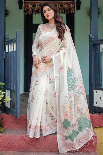 White printed floral  linen sarees