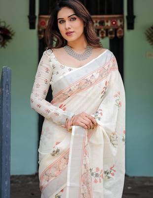 White printed floral  linen sarees 5