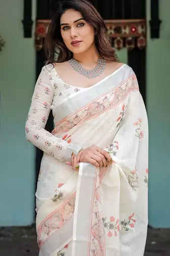 White printed floral  linen sarees