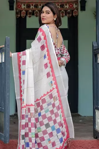 White women linen printed saree