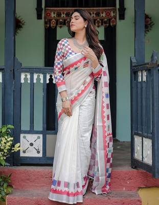 White women linen printed saree 3