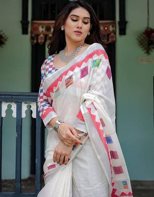 White women linen printed saree 5