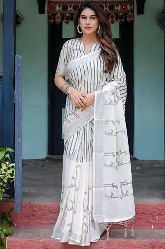 White striped  linen sarees