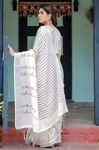 White striped  linen sarees