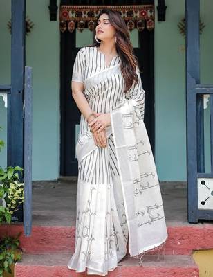 White striped  linen sarees 4