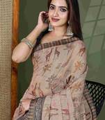 Brown kalamkari aari work  cotton saree