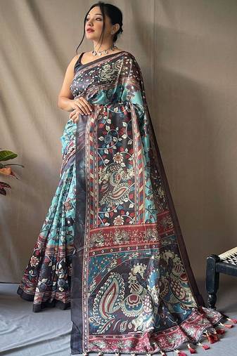 Blue kalamkari printed saree