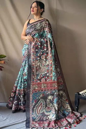 Blue kalamkari printed saree