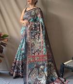 Blue kalamkari printed saree