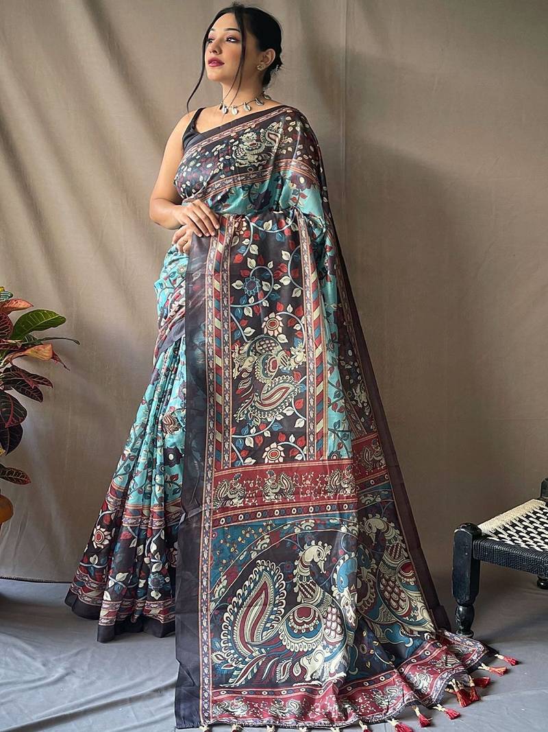 Blue kalamkari printed saree